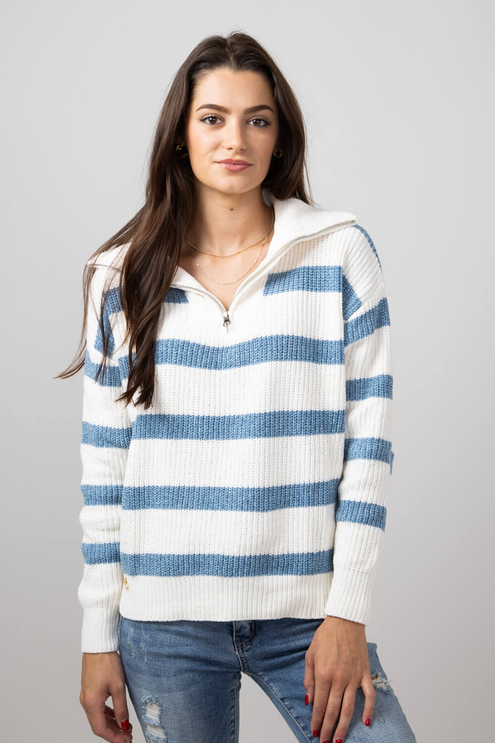 Simply Southern Stripe Quarter Zip Sweater for Women in Sandy Ocean