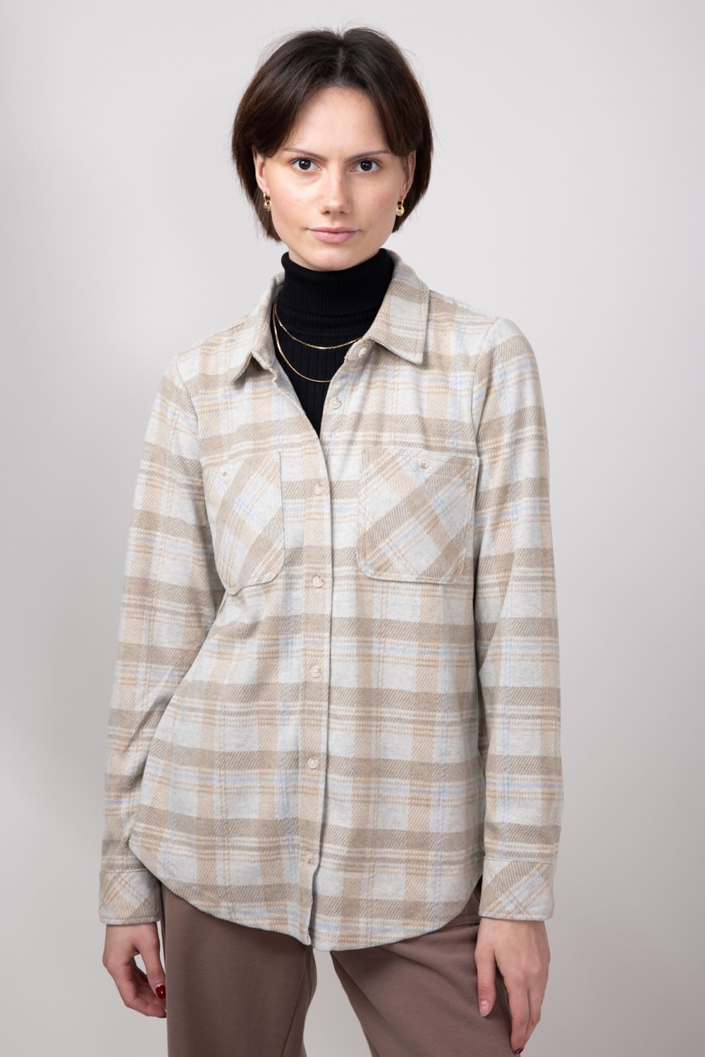 Thread & Supply Lewis Soft Luxe Button Up Shirt for Women in Beige/Blue Plaid