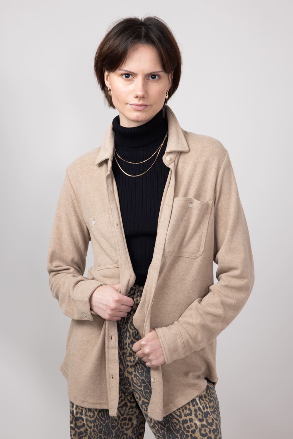 Thread & Supply Lewis Soft Luxe Button Up Shirt for Women in Warm Taupe