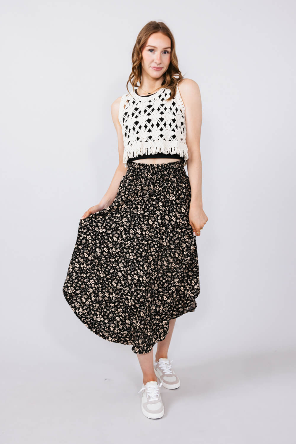 Ditsy Floral Midi Skirt for Women in Black Taupe