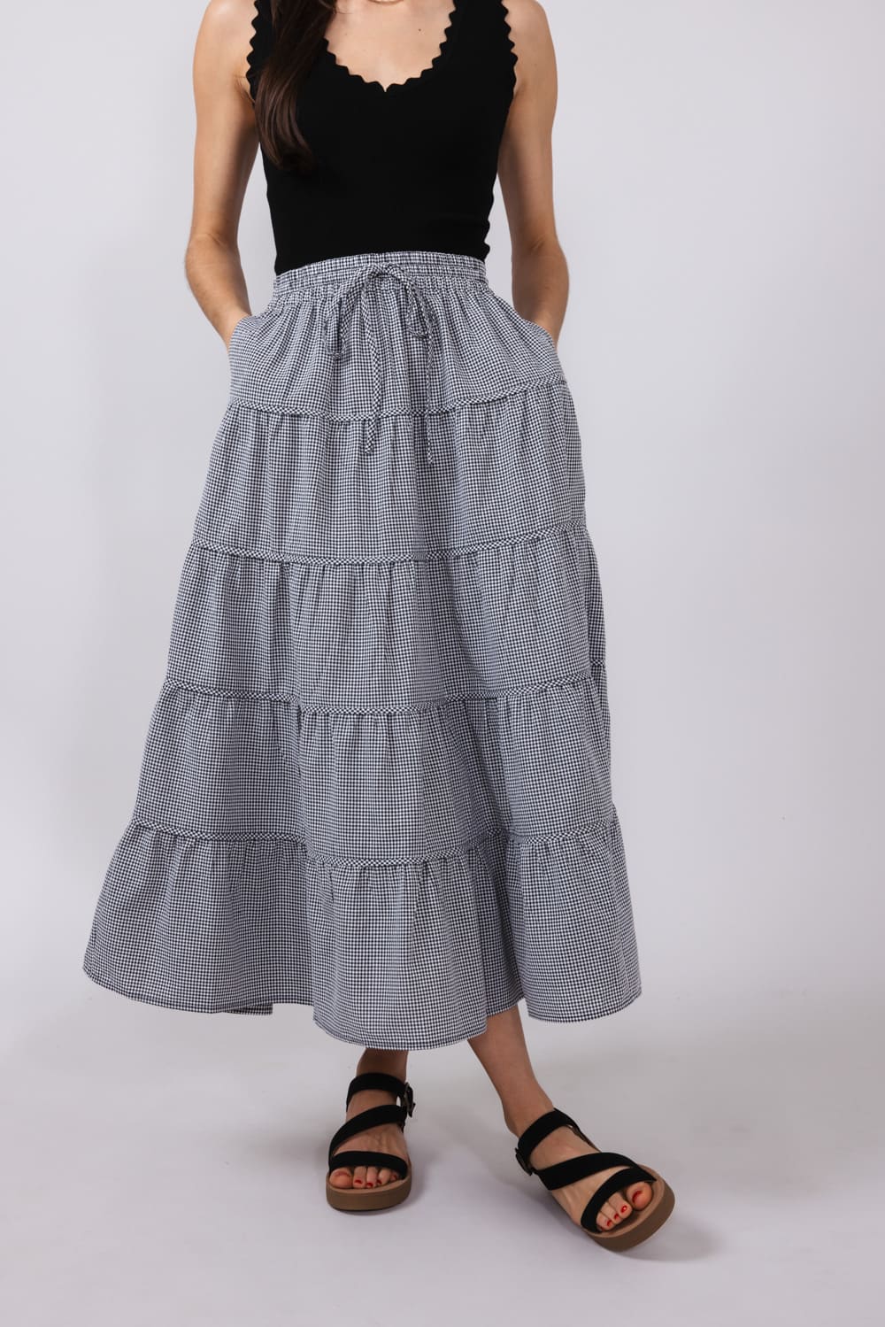 Wishlist Gingham Tiered Midi Skirt for Women in Black & White