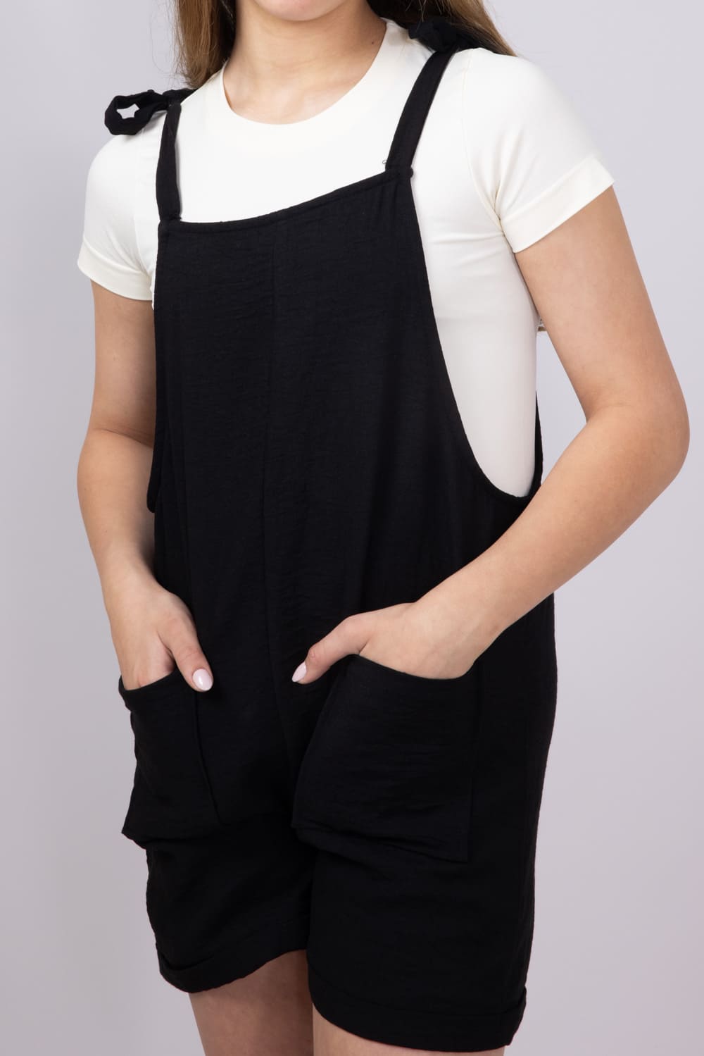 Youth Linen Tie Shoulder Romper for Girls in Black