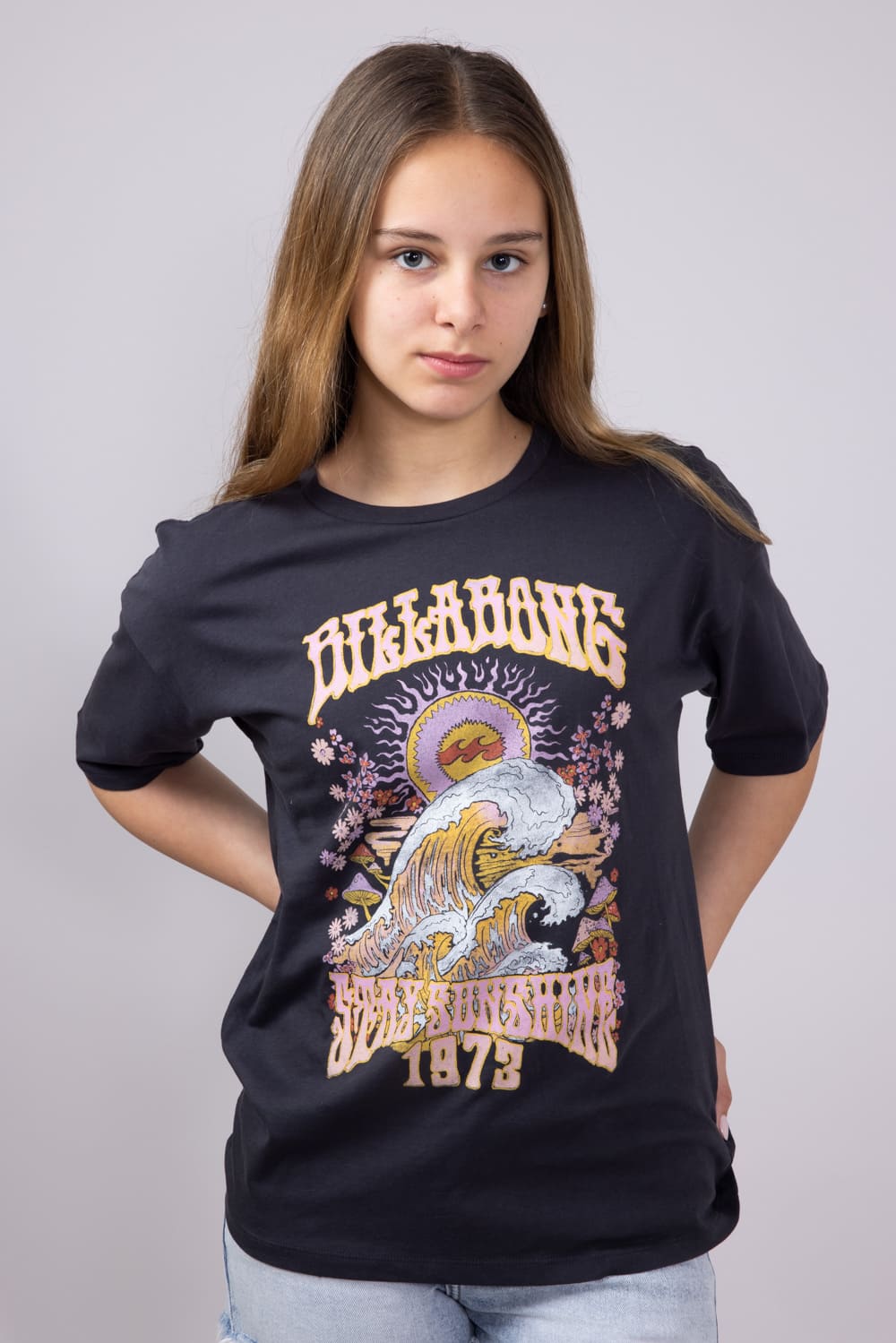Billabong Youth Stay Sunshine Oversized Boyfriend T-Shirt for Girls in Black Sands
