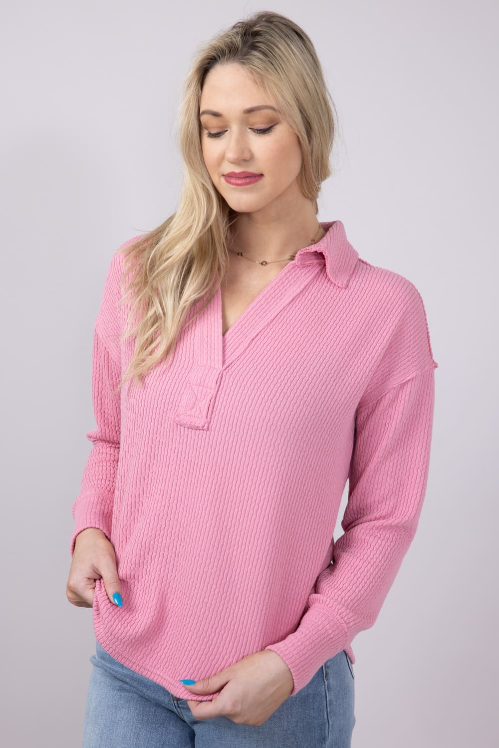 Blu Pepper Ribbed Knit Johnny Color Polo Shirt for Women