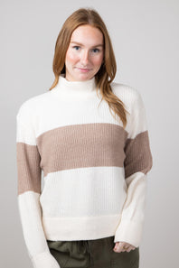 Stripe Mock Neck Sweater for Women in Ivory Mocha Combo