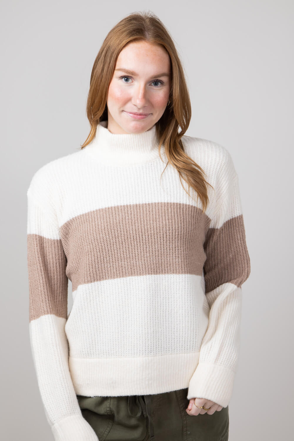 Stripe Mock Neck Sweater for Women in Ivory Mocha Combo