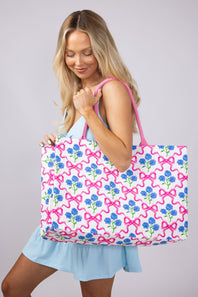 Simply Southern Seaside Canvas Tote Bag in Pink Ribbon