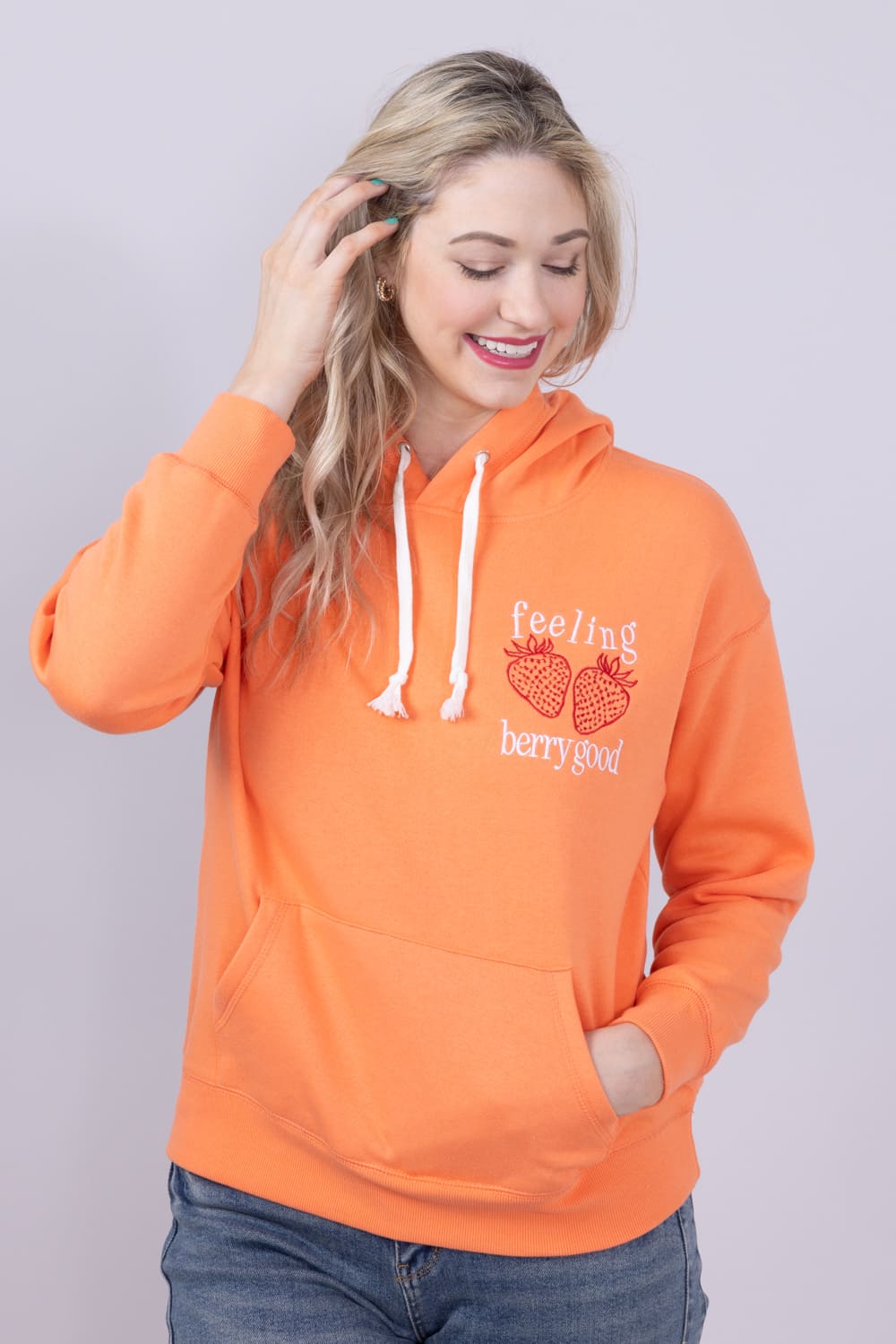 Simply Southern Womens Embroidered Berry Good Hoodie for Women in Orange