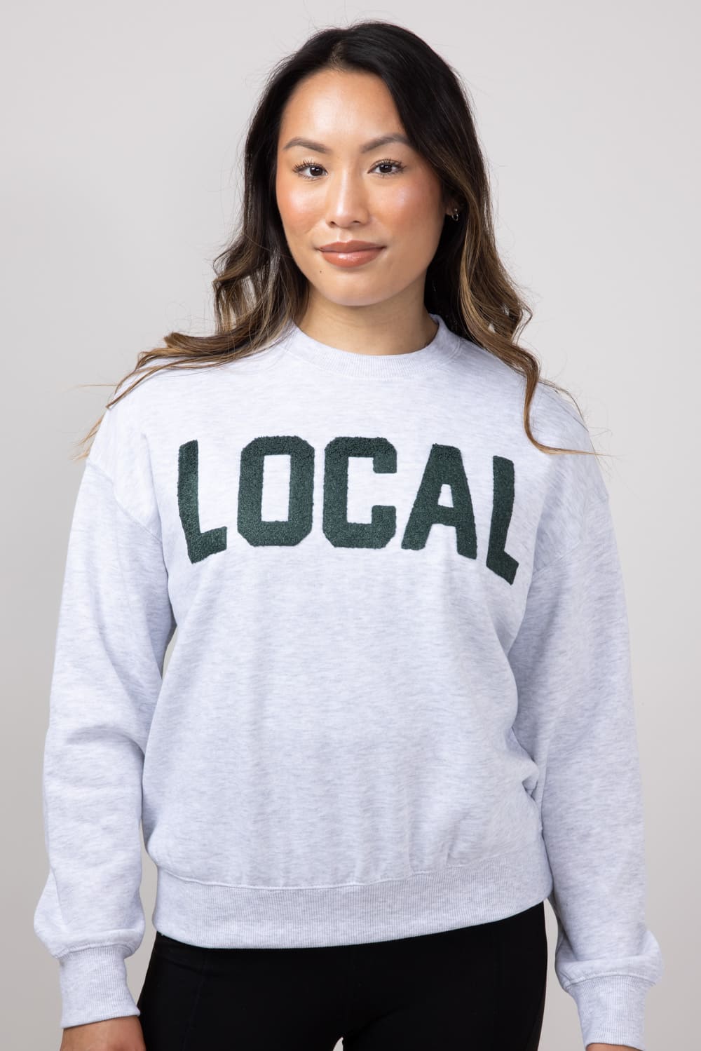 1897 Active Local Chenille Patched Fleece Crewneck for Women in Ice Grey