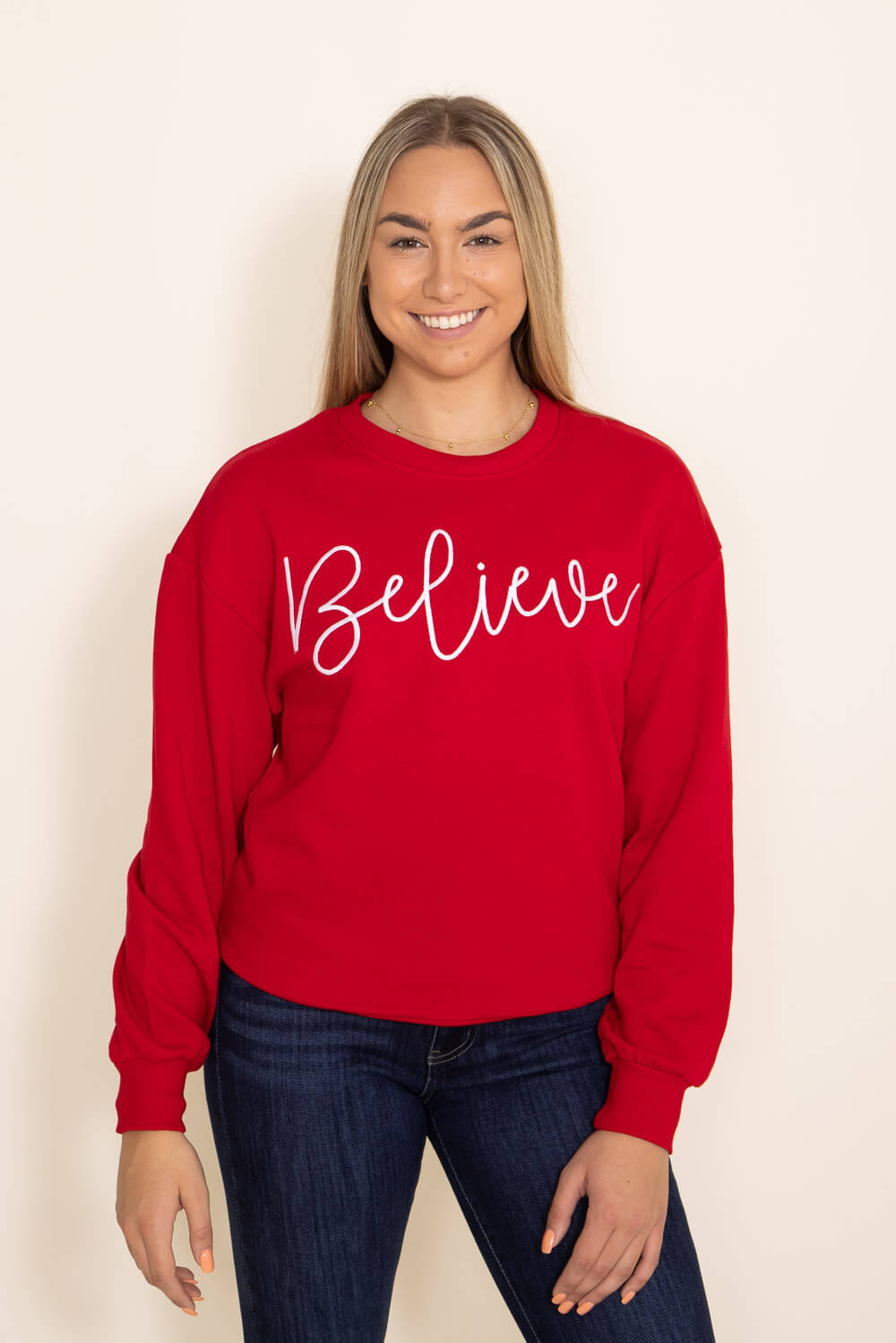 1897 Active Believe Embroidered  Fleece Sweatshirt for Women in Red