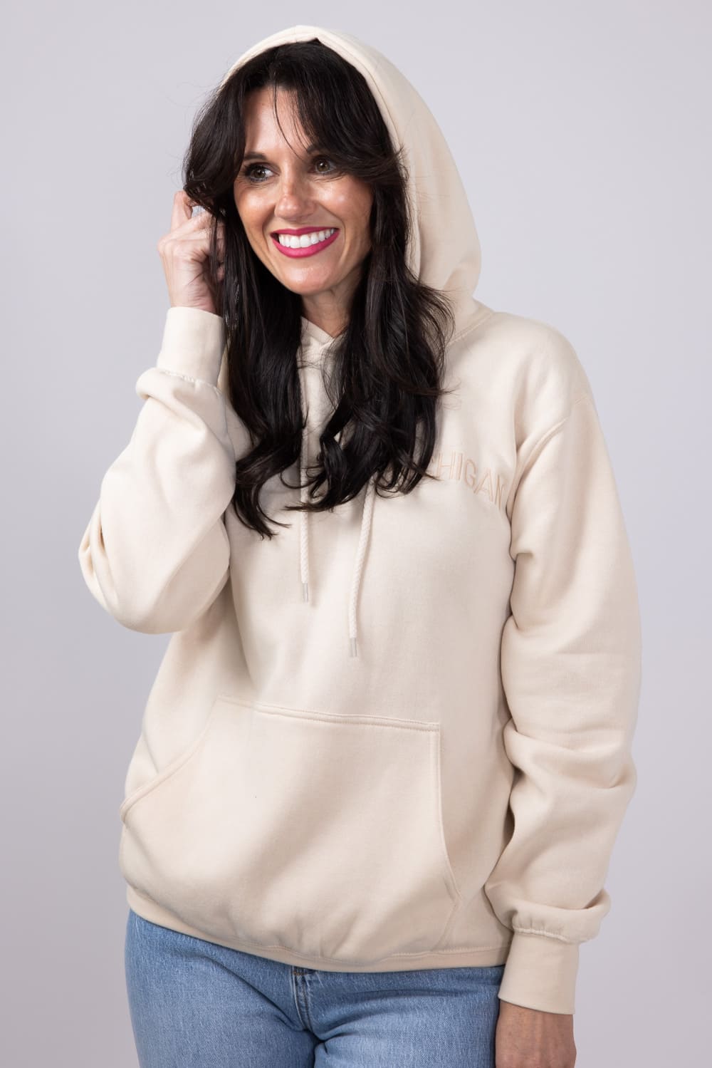 1897 Active Michigan Embroidered Hoodie for Women in Cream