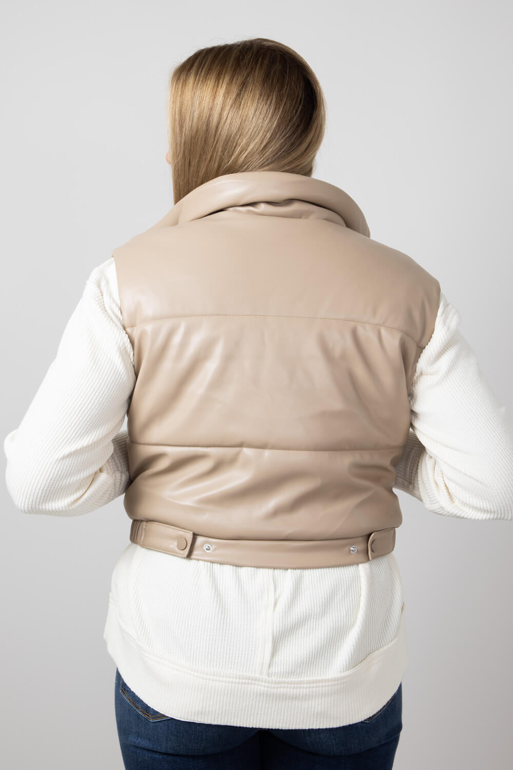Cropped Faux Leather Puffer Vest for Women in Taupe