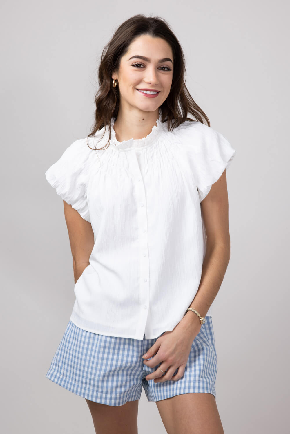 Acoa V-Neck Front Button Top for Women in White