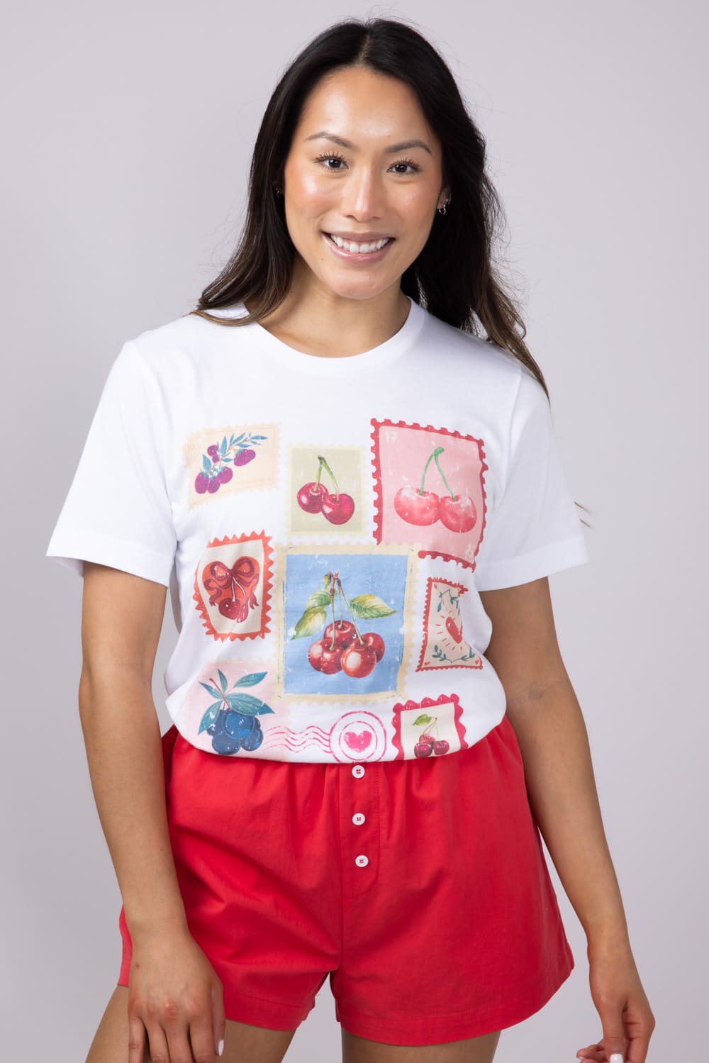 Cherry Stamps Graphic T-Shirt for Women in White