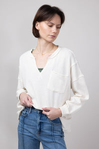 Blu Pepper Notched V-neck Knit Top for Women in Oatmeal