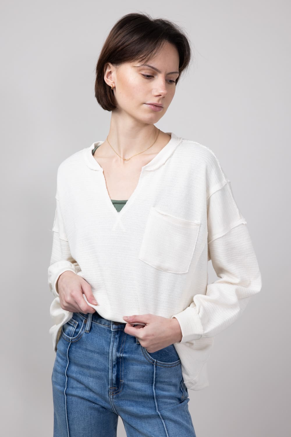 Blu Pepper Notched V-neck Knit Top for Women in Oatmeal