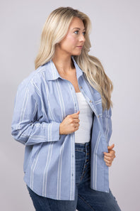 C&C California Alaina Cotton Striped Relaxed Button Front Shirt for Women in Blue | 89B03246T-BLU