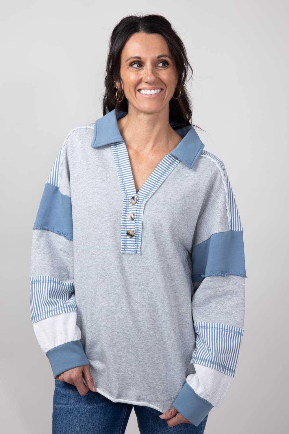Color Block Oversized Knit Top for Women in Heather Grey