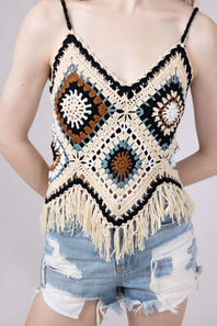Elan Crochet Fringe Tank Top for Women in Natural