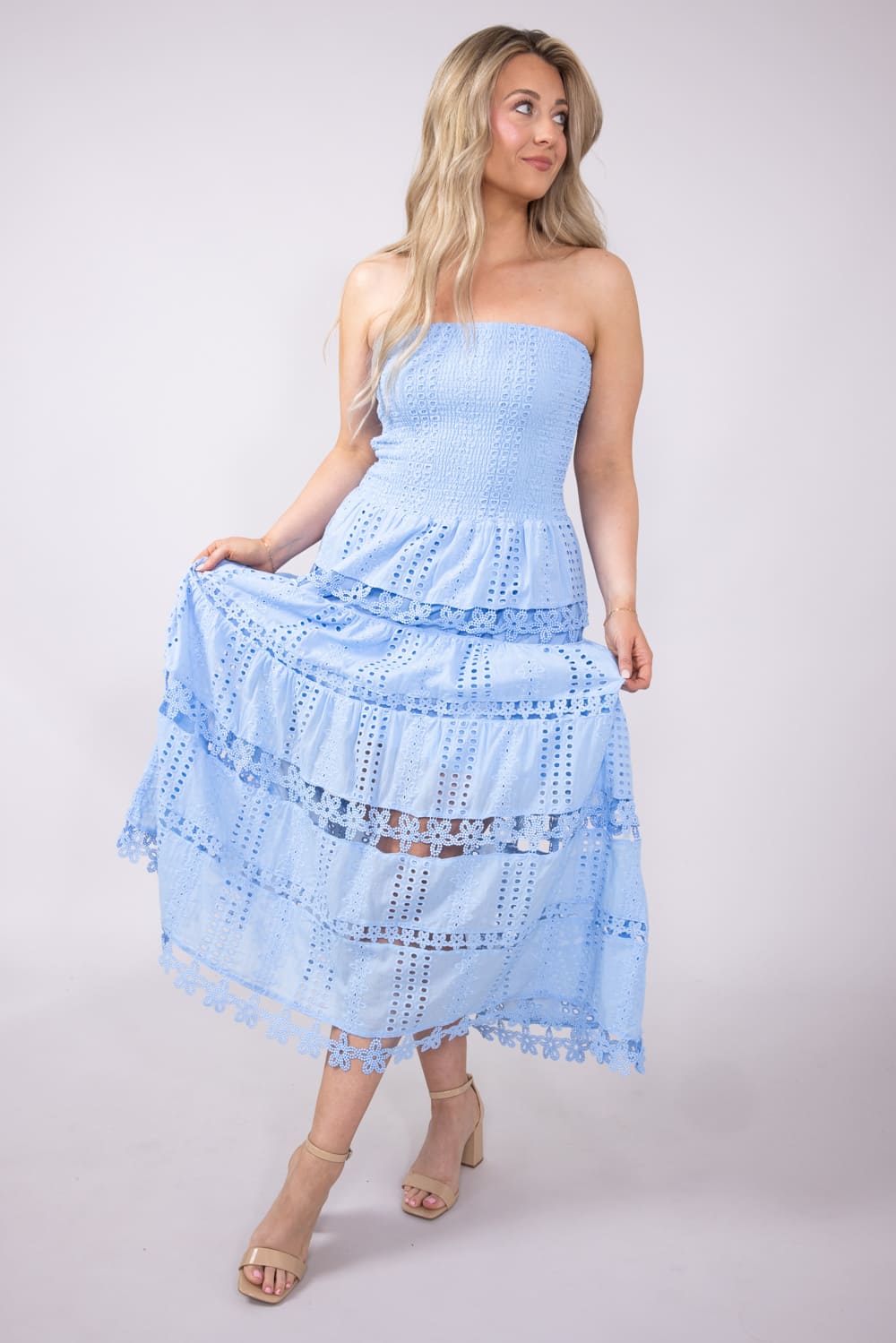 Eyelet Lace Strapless Midi Dress for Women in Blue