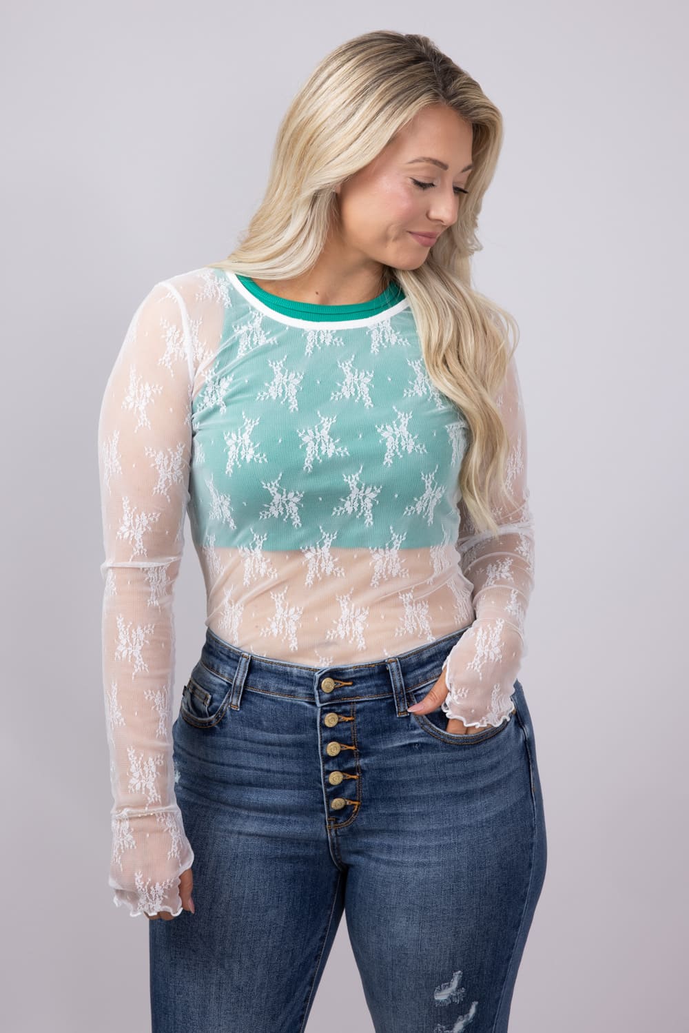 Floral Lace Sheer Scoop Neck Layering Top for Women in White