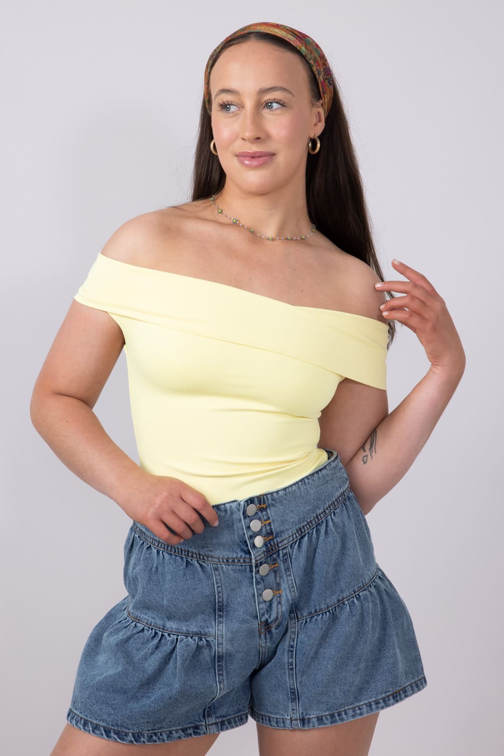 Fold Over Off The Shoulder Top for Women in Lemon | T8838-LEMON
