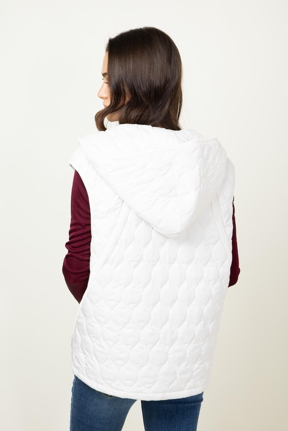 Hooded Quilted Zipper Puffer Vest for Women in Beige