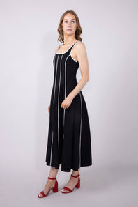 Linen Piping Midi Dress for Women in Black