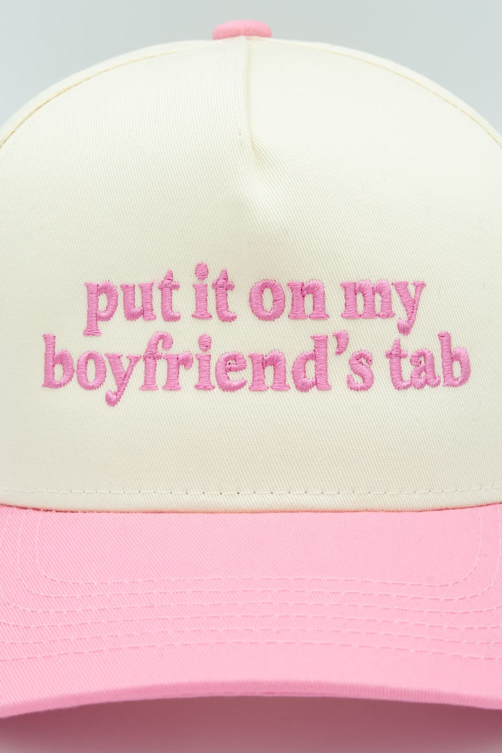 Put It On My Boyfriend’s Tab Trucker Hat for Women in Pink/Tan
