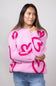 Long Sleeve Pink Hearted Sweater for Women in Pink 