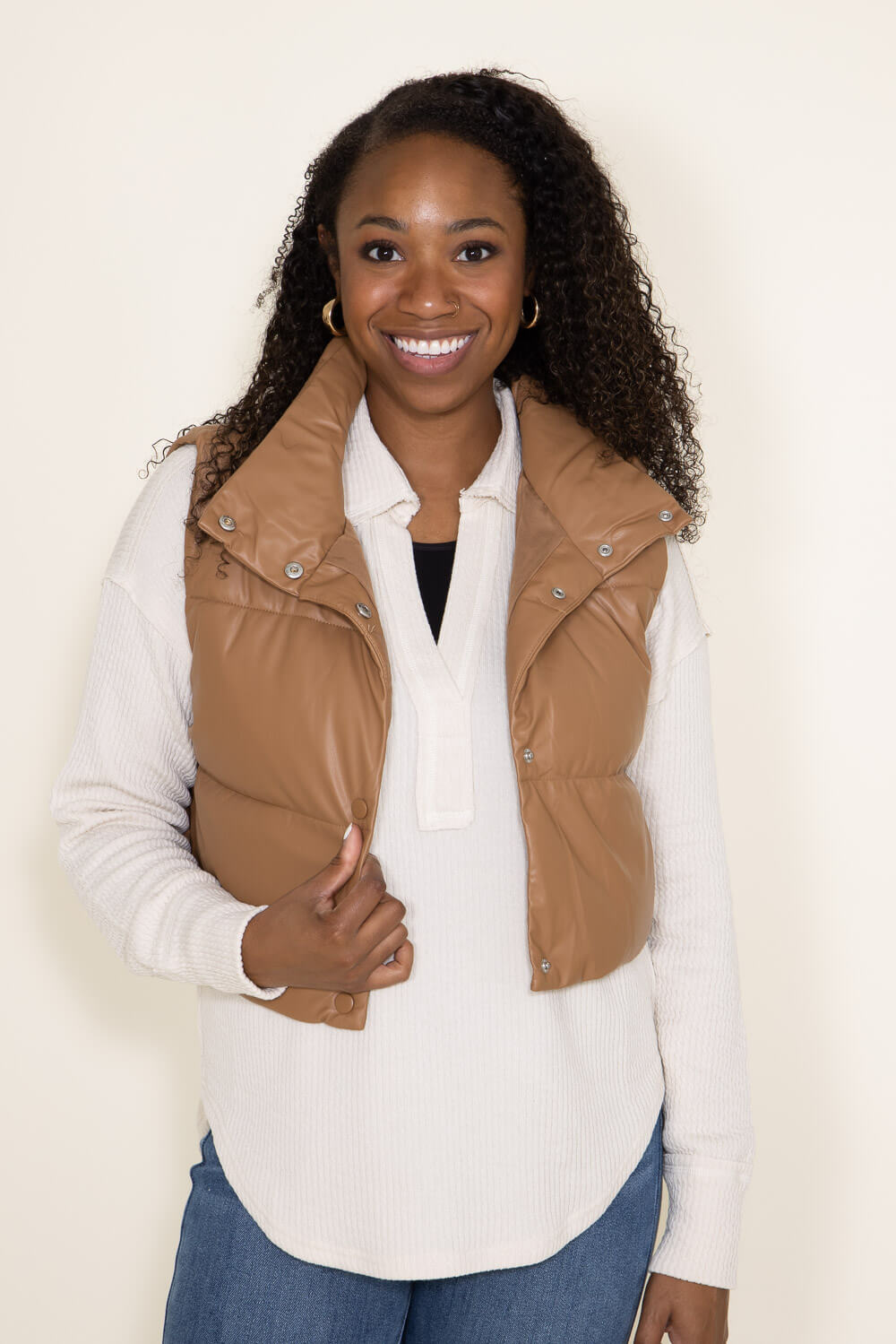 Love Tree Faux Leather Cropped Puffer Vest for Women in Brown
