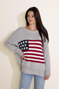Miracle Clothing Knit American Flag Sweater for Women in Grey