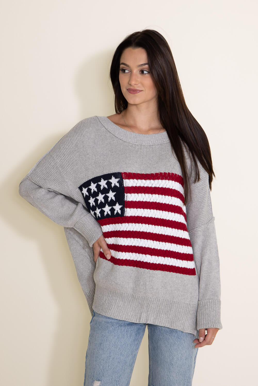 Miracle Clothing Knit American Flag Sweater for Women in Grey