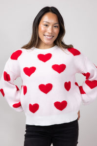 Miracle Multi Heart Sweater for Women in Ivory/Red