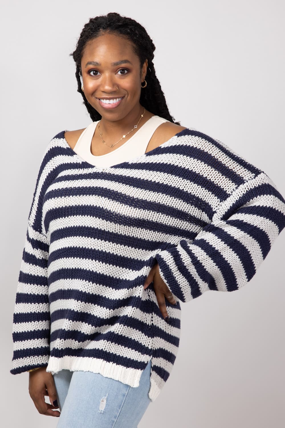 Miracle Striped V Neck Sweater for Women in Denim Combo