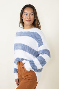 Contrast Stripe Fuzzy Sweater for Women in White/Blue