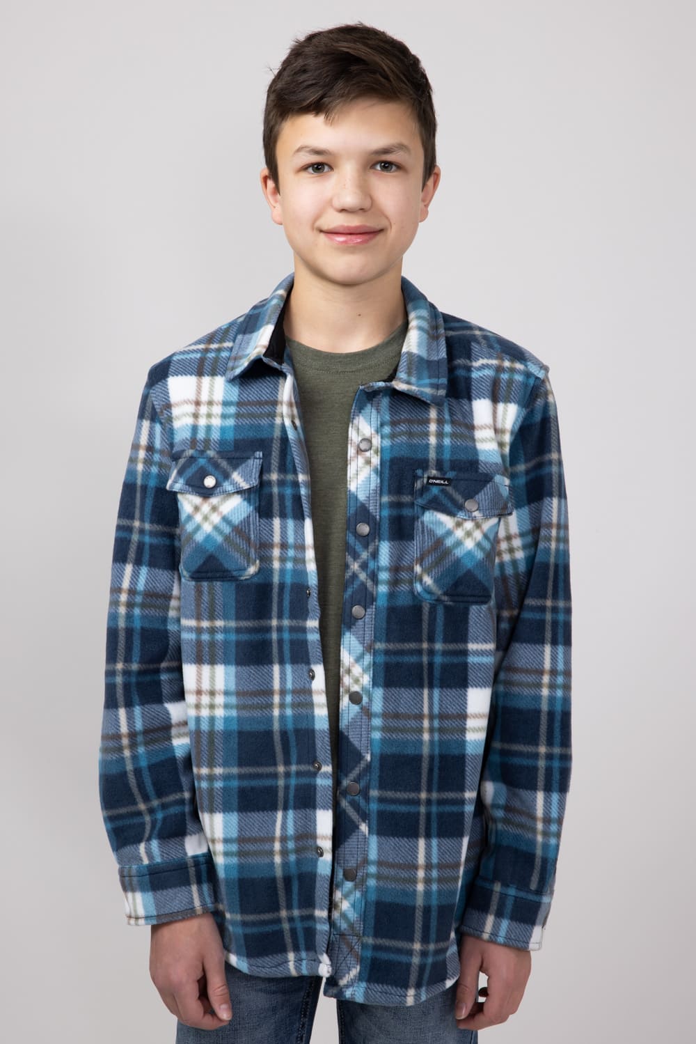 O’Neill Youth Glacier Super Fleece Plaid Shacket for Boys in Midnight Navy