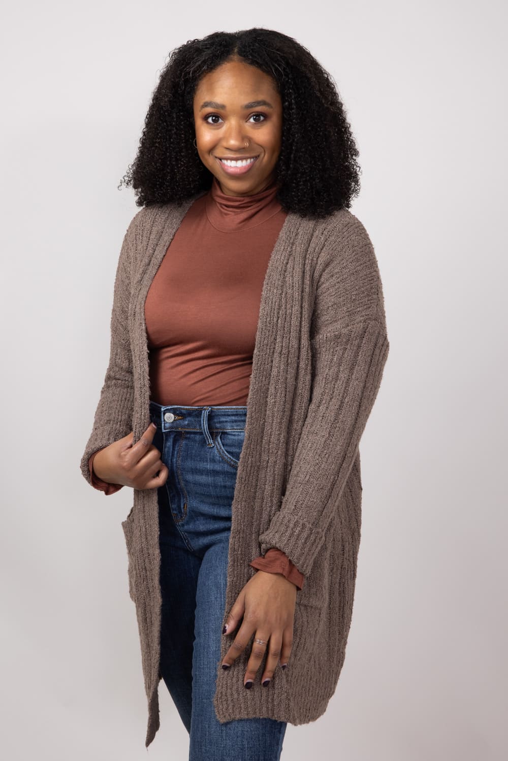 Ribbed Cardigan with Pockets for Women in Heather Mocha Bisque