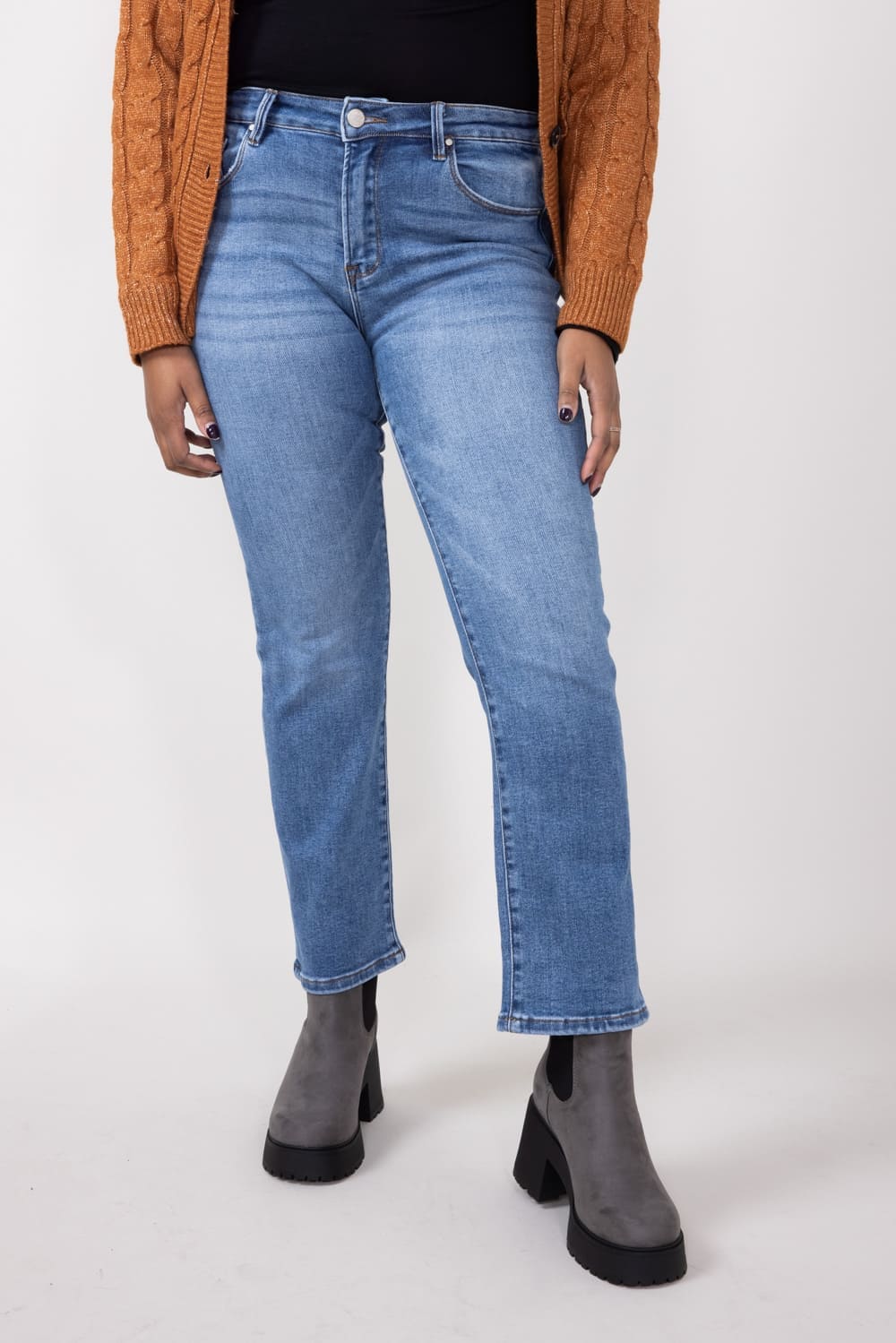 Mid-Rise Medium Wash Straight Leg Jeans for Women