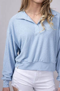 Simply Southern Geo Pattern Johnny Collar Pullover Top for Women in Ice Blue