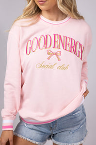 Simply Southern Womens Good Energy Social Club Varsity Crew Sweatshirt for Women in Pink