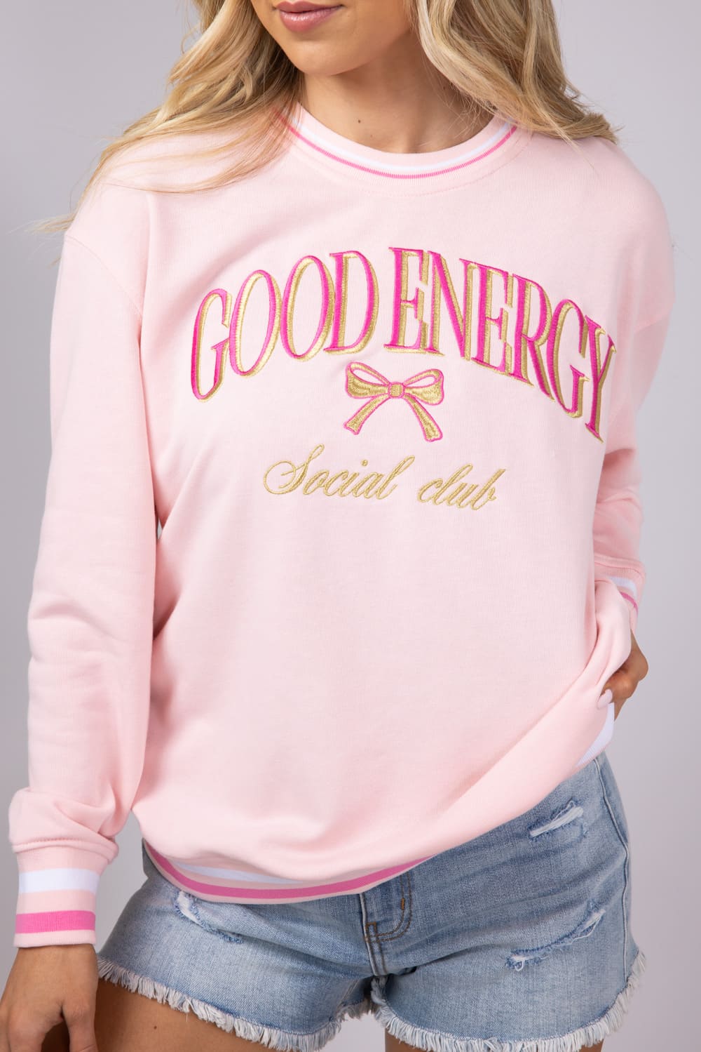 Simply Southern Womens Good Energy Social Club Varsity Crew Sweatshirt for Women in Pink