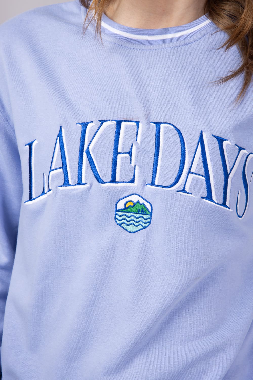 Simply Southern Womens Lake Days Varsity Crew Sweatshirt for Women in Blue