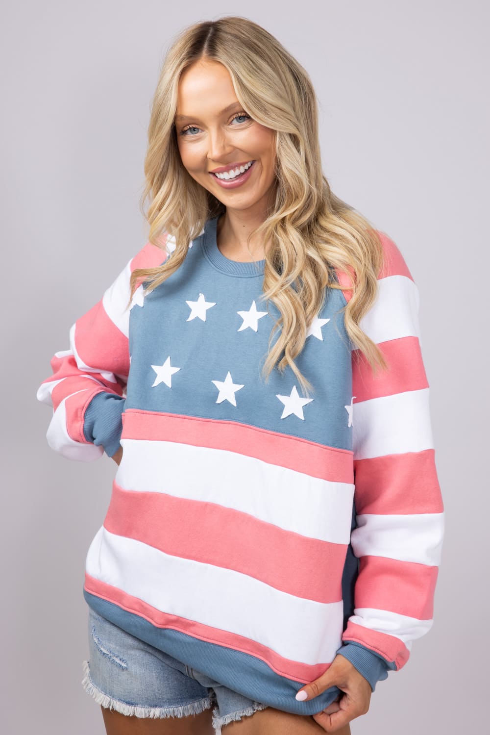 Womens Simply Southern Patched Stars & Stripes Crewneck Sweatshirt for Women in Multi