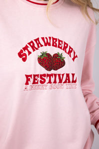 Simply Southern Womens Strawberry Festival Varsity Crew Sweatshirt for Women in Pink
