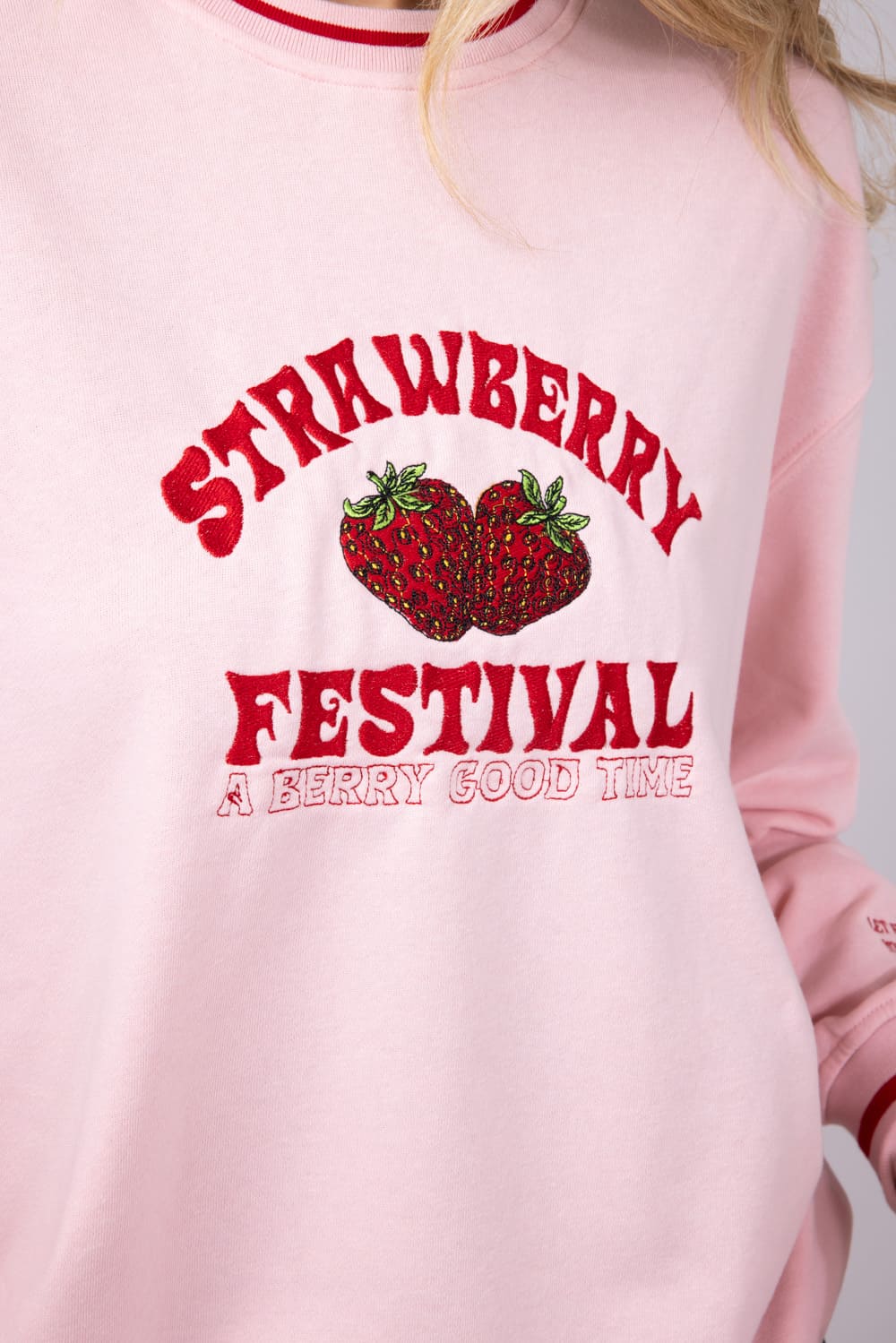 Simply Southern Womens Strawberry Festival Varsity Crew Sweatshirt for Women in Pink