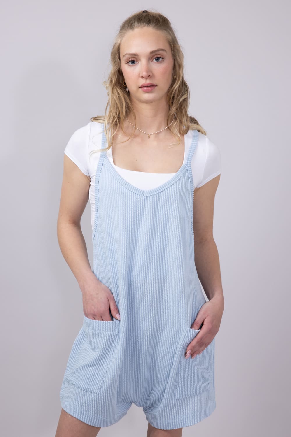 Simply Southern Urban Ribbed Knit Romper for Women in Ice Blue