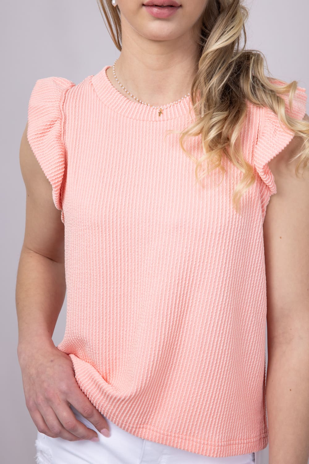 Simply Southern Womens Urban Ribbed Knit Ruffled Sleeve Top for Women in Coral