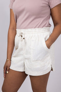 Elastic Waist Linen Shorts for Women in Oatmeal