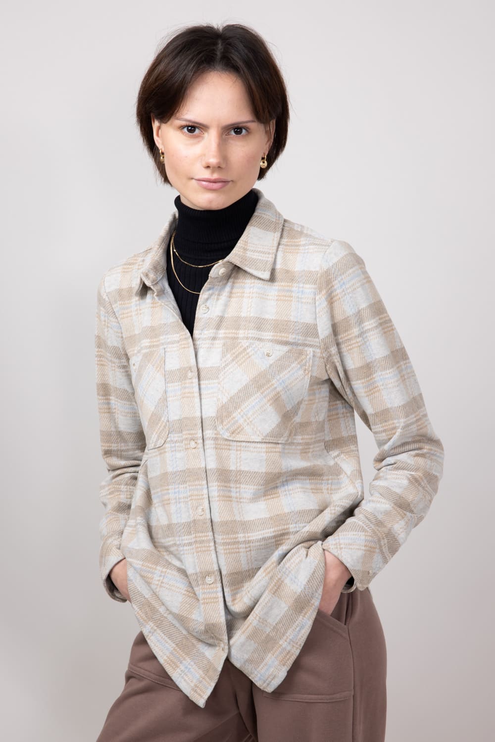 Thread & Supply Lewis Soft Luxe Button Up Shirt for Women in Beige/Blue Plaid